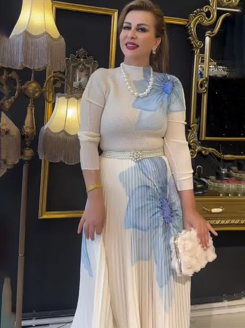 Women's Clothing 2024 autumn season new style positioning printed long sleeved top pleated large skirt two piece suit for women_voghion.com