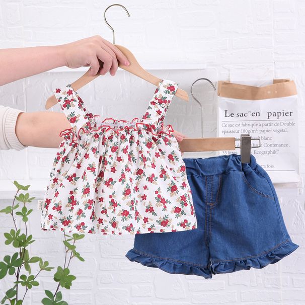 Completo due pezzi per mamma, bambina, stile coreano, con bretelle floreali eleganti e pantaloncini carini_voghion.com