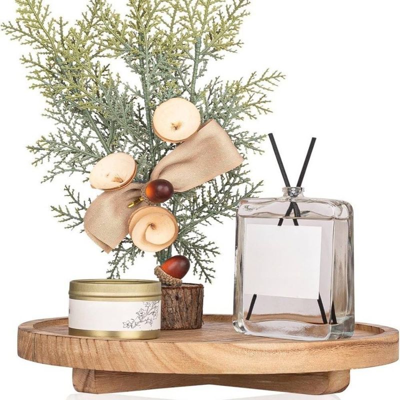 Handcrafted Burnished Wood Round Tray - Elevated Candle Holder & Cosmetic Organizer With Sturdy Wooden Base For Home Decor_voghion.com