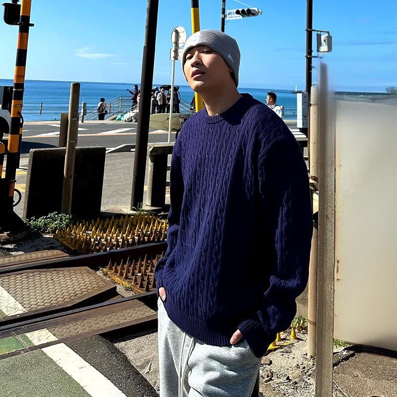 Men's Clothing Fashion Solid Color Sweater Men's Casual Chunky Knit Sweater Winter Vintage Cable Crewneck Pullover Solid Color Loose Fit Tops_voghion.com