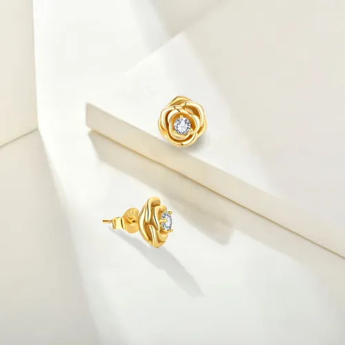 Ins style 14k golden rose zircon earrings earrings necklace pendant female S925 sterling silver jewelry set_voghion.com