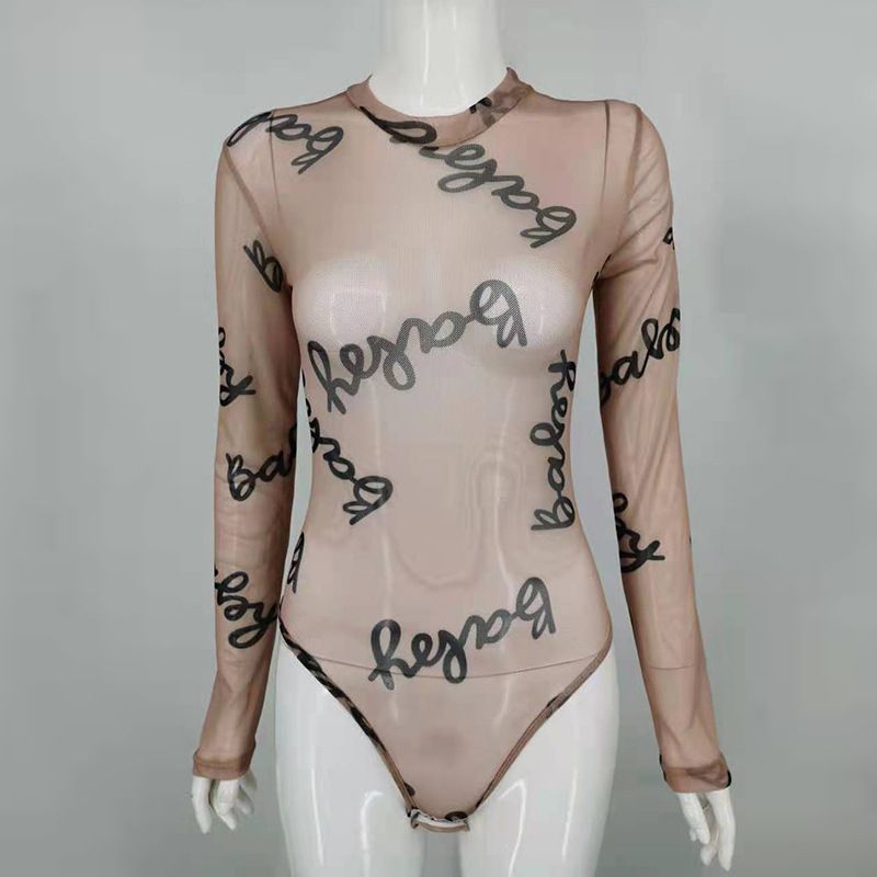 Damen Moud Ronn Hals laang Hülsen T-Shirt duerchsichteg Mesh sexy slim-fit jumpsuit_voghion.com