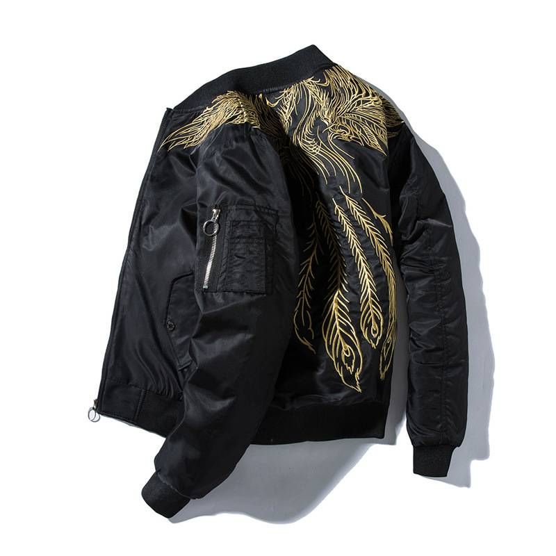 ​Men's Embroidered Baseball Jacket With Cotton Lining - Winter Warm Thickened Coat, Trendy Phoenix Design, Unisex Fit For Youth & Couples​_voghion.com