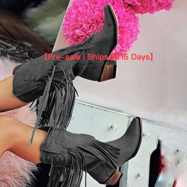 【Preventa | Envío en 15 días】Zapatos vintage hechos a mano, tacones gruesos, botas a media pantorrilla, botas puntiagudas con borlas para mujer_voghion.com