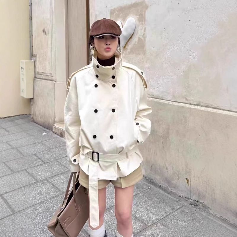 Restore Correct Version 25 Spring New Stand Collar Curved Shoulder Low Waist Oversized Short Long Sleeve Trench Coat_voghion.com