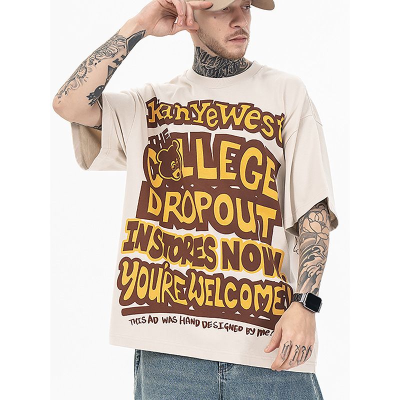 T-shirt oversize in cotone vintage hip hop da uomo - Stampa con lettere retrò, vestibilità comoda, streetwear unisex per abbigliamento casual_voghion.com