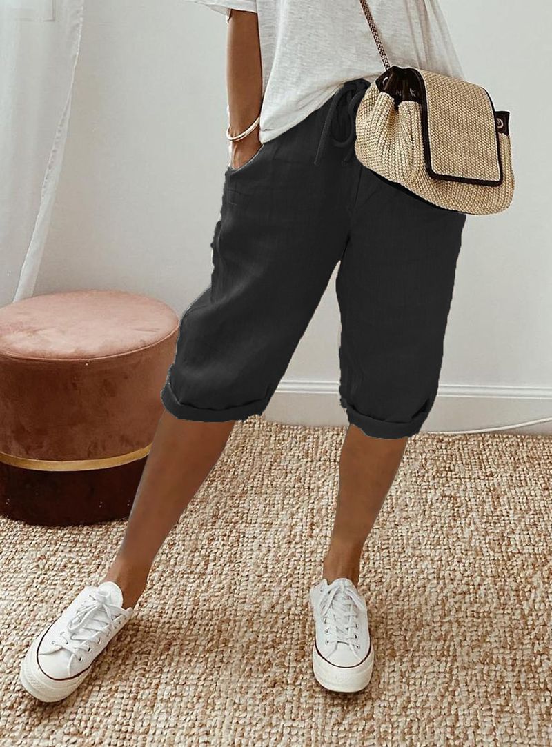 Damen Baumwolle und Leinen Tasche elastische Freizeithose Damen Hosen Shorts_voghion.com