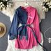 Women's Clothing Denim shirt patchwork dress long sleeves asymmetrical design niche waist slimming hip skirt_voghion.com