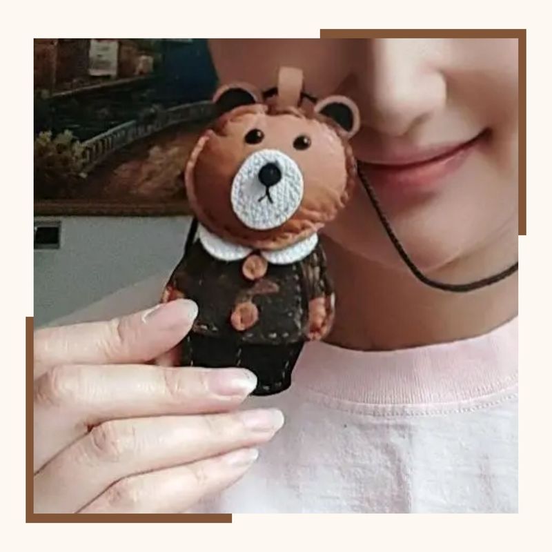 Cute Bear Bag Charm, Top-Grain Handmade Leather Purse Charm, Personalized Key Chain,Genuine Leather Tote Charm_voghion.com