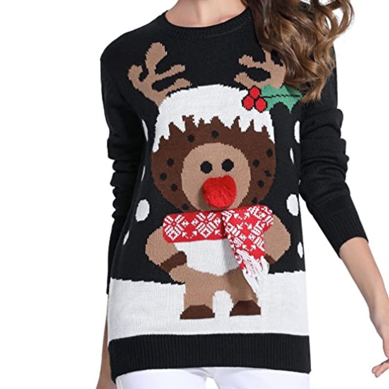 Maglione pullover da donna con collo rotondo e maglione natalizio sciolto_voghion.com