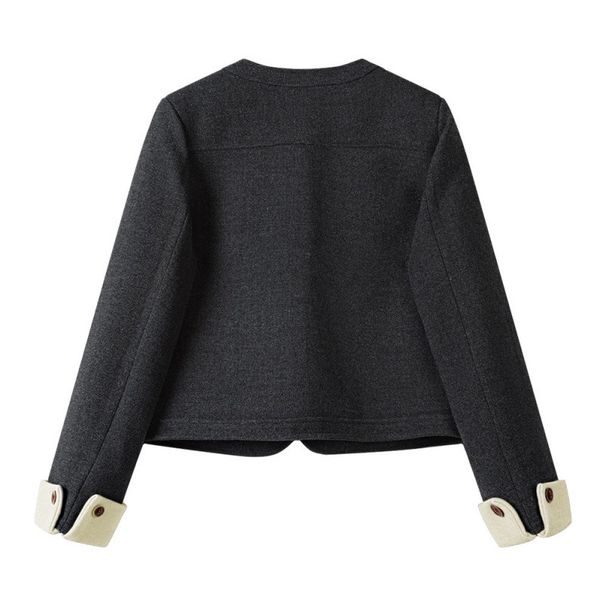 Abrigo corto de lana para mujer, estilo retro, con cuello redondo, para invierno, acolchado, grueso, de tweed._voghion.com