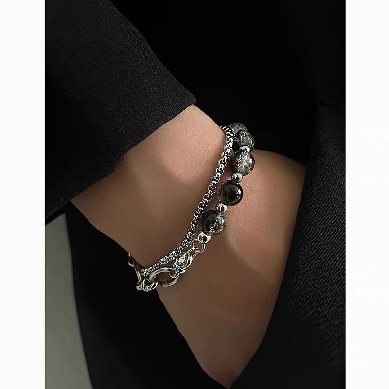 New Double Layer Chain Ice Crack Bead Titanium Steel Spliced Bracelet Unisex Hip Hop Light Luxury Niche Hand Jewelry_voghion.com