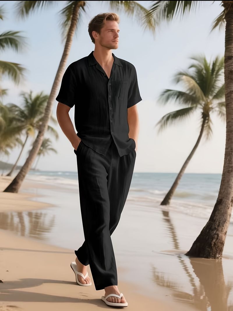 Grenzüberschreitendes nahöstliches europäisches Herren-Freizeit-Loose Breathable Kurzarm-Langhosen-Hemd-Strand-Set_voghion.com