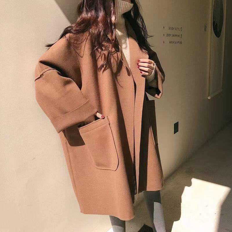 Elegant Woolen Trench Coat Winter for Women Vintage Windbreakers Jacket Mid-Length Loose Turn-Down Collar Plus Size 4XL_voghion.com
