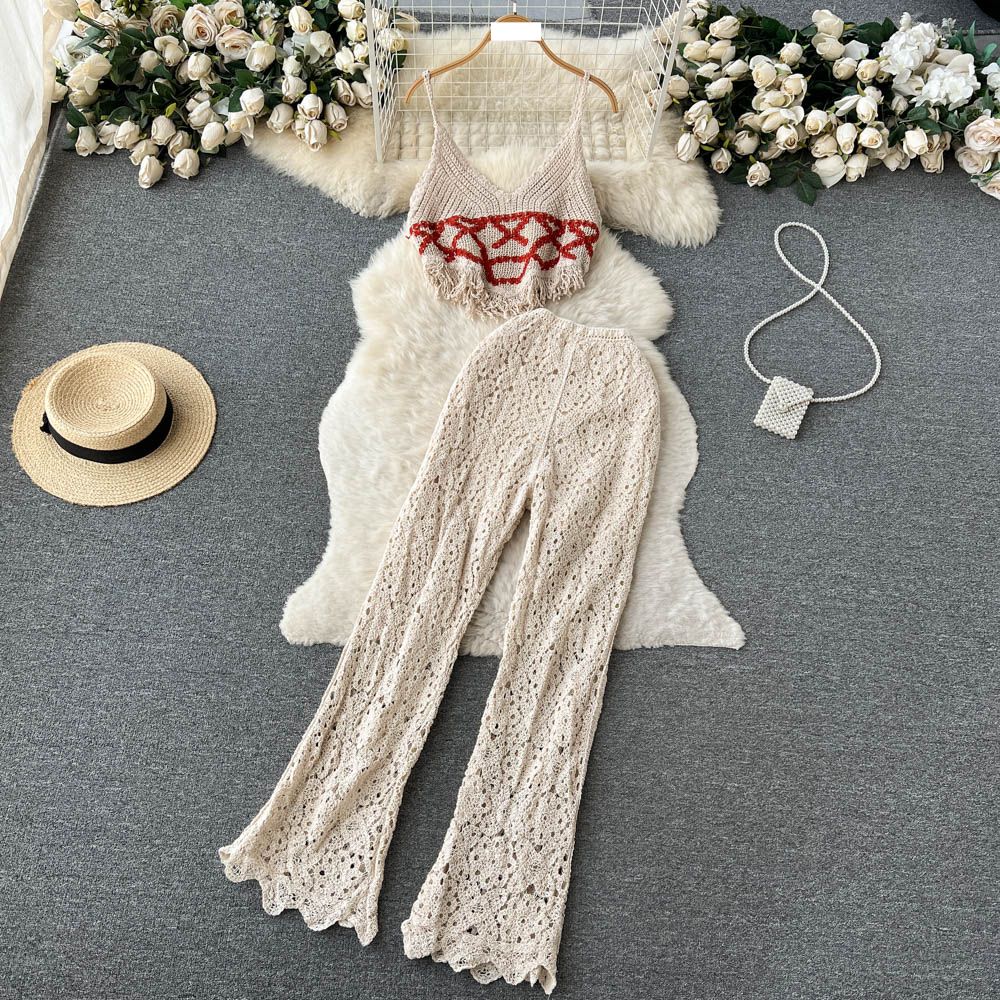 Women's Clothing Spring and summer travel holiday style V-neck tassel suspender tube top + high waist flared pants hook flower two-piece suit_voghion.com