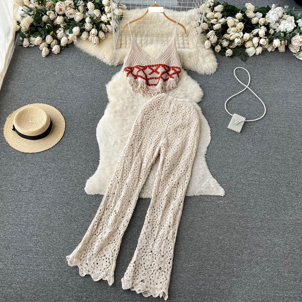 Women's Clothing Spring and summer travel holiday style V-neck tassel suspender tube top + high waist flared pants hook flower two-piece suit_voghion.com