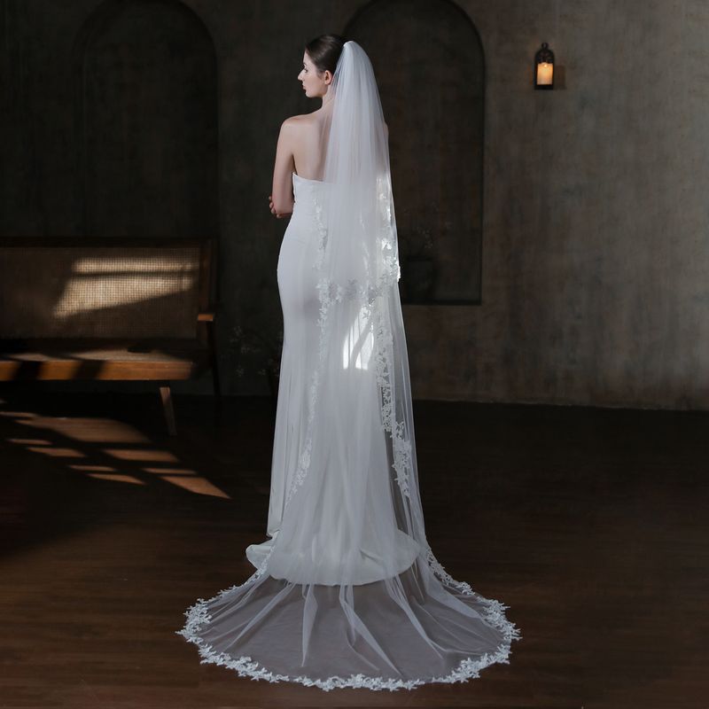 Unisex Bridal veil with train Long double lace lace mask Church wedding travel pat soft veil fascinator_voghion.com