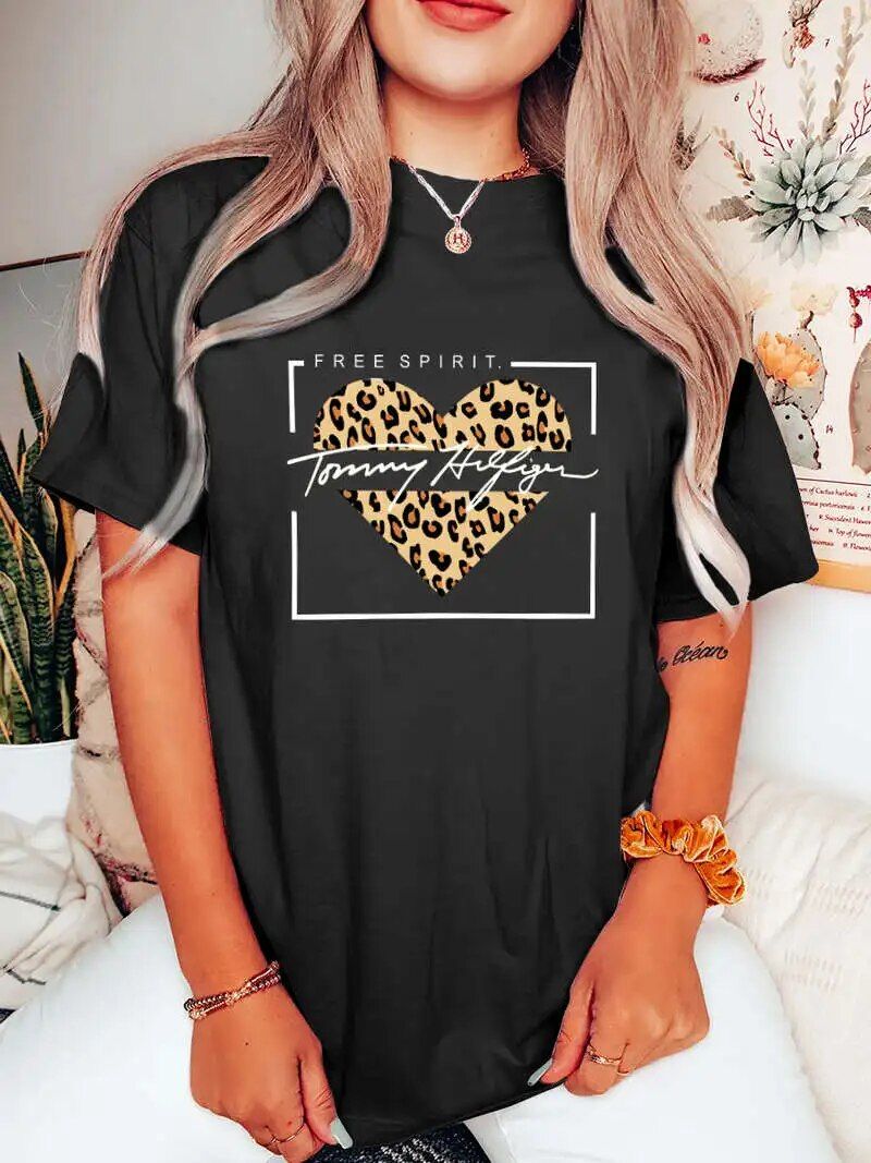 Tommy_Hilfiger-2024 Nauja medvilnė Fashion Sense Printing Moteriški marškinėliai trumpomis rankovėmis Summer Tide Laisvi šimtas viršūnių_voghion.com