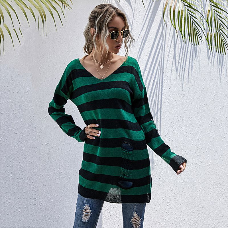 Colori a contrasto Maglione a maniche lunghe strappato a righe con scollo a V sottile di media lunghezza_voghion.com