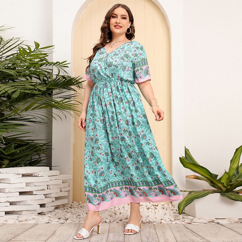 Women's Large Size Women's Loose V-neck Dress High Waist Long Skirt Seaside Holiday Style Beach Skirt_voghion.com