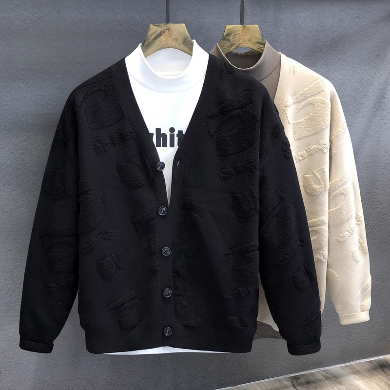 Herrenbekleidung Strickjacke Herren Herbst und Winter neuer Pullover Herren Obermantel Beflockung Jacquard Hochwertiger verdickter trendiger Markenpullover_voghion.com