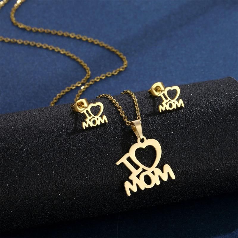 Stainless Steel Gold Color MAMA Letter Pendant Necklace Earrings Set Love Heart Mom Daughter Figure Jewelry Set Mother's Day Gift_voghion.com