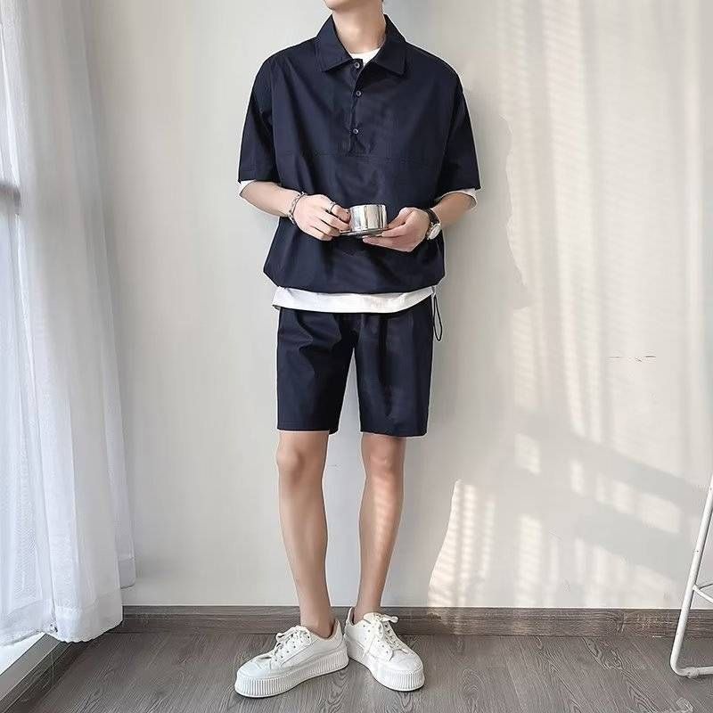 Freizeit-Sportanzug aus Eisseide für Herren, Sommer, trendig, lockerer Polokragen, kurzärmeliges T-Shirt und Shorts, einfarbig, zweiteiliges Set_voghion.com