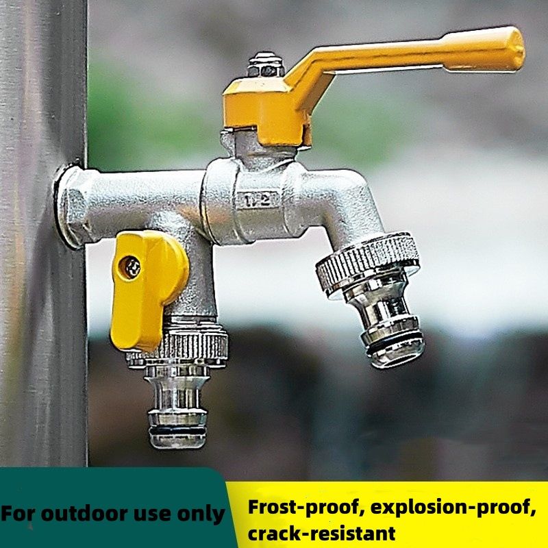 Thickened Outdoor Faucet, Frost-resistant And Crack-proof, Suitable For Courtyards And Gardens, Single-inlet And Double-outlet, Single-cold-water-connect, Quick-connect Dual-outlet Faucet._voghion.com
