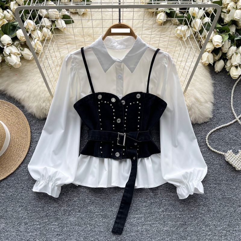 Women's Clothing Light luxury French style high end temperament suit for women Polo collar lantern sleeve shirt + diamond waist suspender vest_voghion.com
