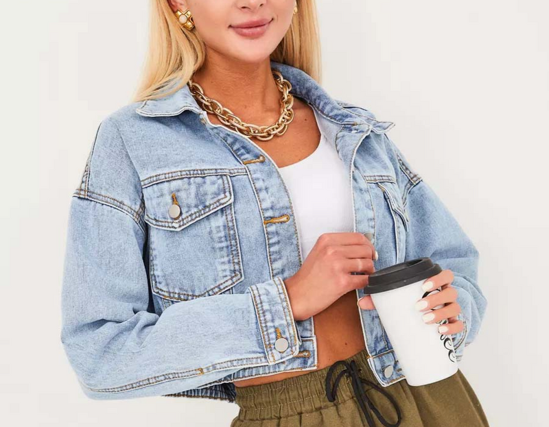 Ropa de mujer Tops cortos Chaqueta vaquera Color liso Tops vaqueros para mujer Ropa de abrigo_voghion.com