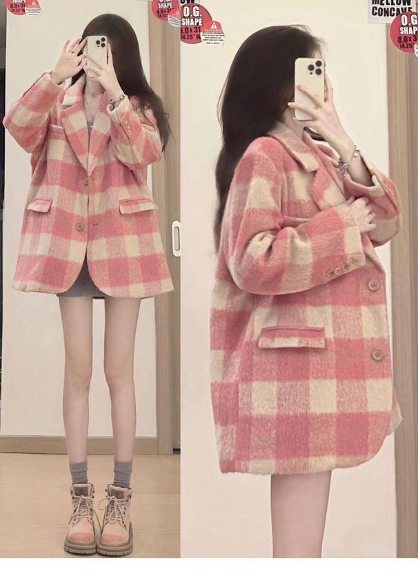 Koreansk drama kvindelig hovedrolle lyserød tern til kvinder 2024 efterår vinter ny sød og blid college-stil uldfrakke_voghion.com