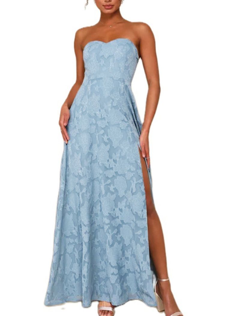 Women's Clothing Temperament Embroidered Evening Dress Tube Top One Shoulder Slim Big Swing Dress_voghion.com