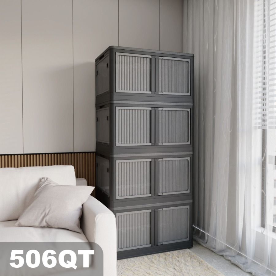 Armadio con grandi contenitori per aprire contenitori impilabili O con ante pieghevoli artigianali in plastica trasparente da 4 pezzi con 5 ruote da 506 QT_voghion.com