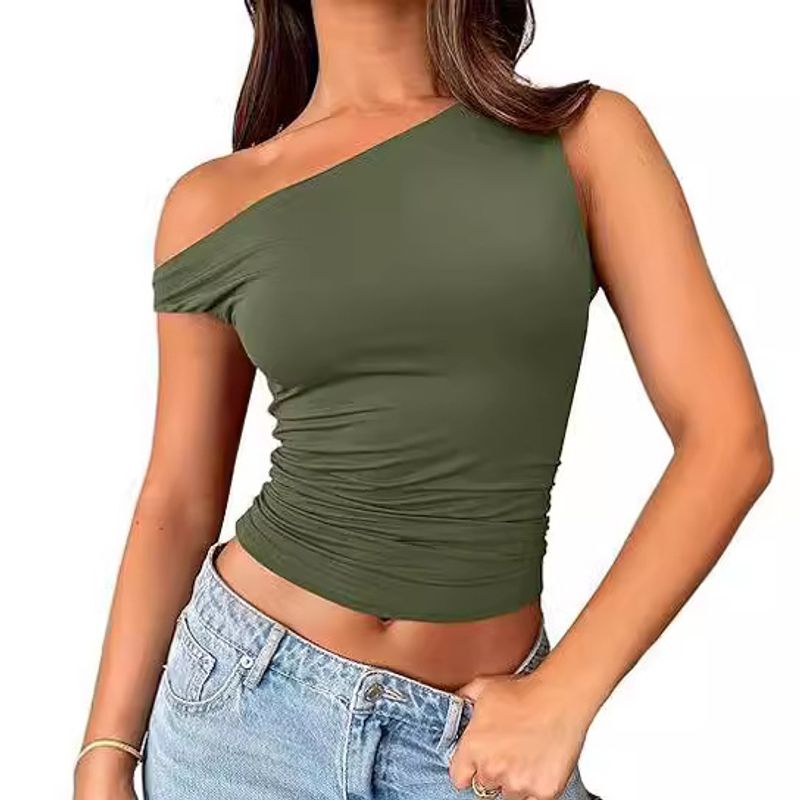 Slīpi apkakles topi Sexy Hot Girl Slīpi Plecu vienkrāsas veste Vasaras Sieviešu Pulovers Naba Baring Sieviešu apģērbs_voghion.com
