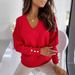 2024 Spring And Autumn Leisure Loose Solid Button V-neck Long Sleeved T-shirt For Women_voghion.com