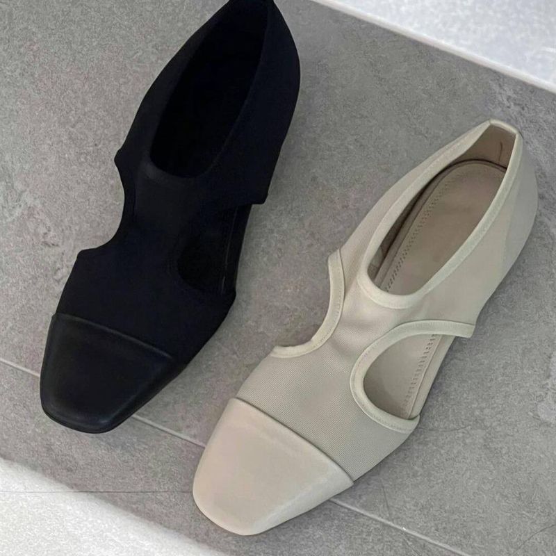 2025 Korean Version New Elastic Mesh Splicing Flat Ballet Single Mary Jane Women's Shoes, Sandals_voghion.com
