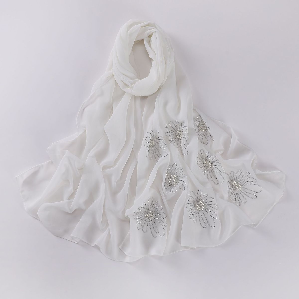 Cross-Border Malaysia With Beaded Rhinestones Chiffon Headscarf Solid Color Head Wrap Scarf For Women Wholesale_voghion.com