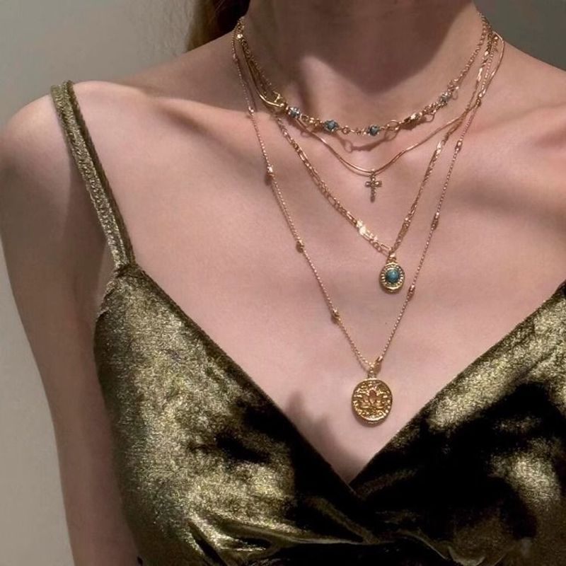 Retro Hollow Flower Cross Necklace Light Luxury High Sense Simple Multi-layer Stacked Collarbone Chain Neck Chain_voghion.com
