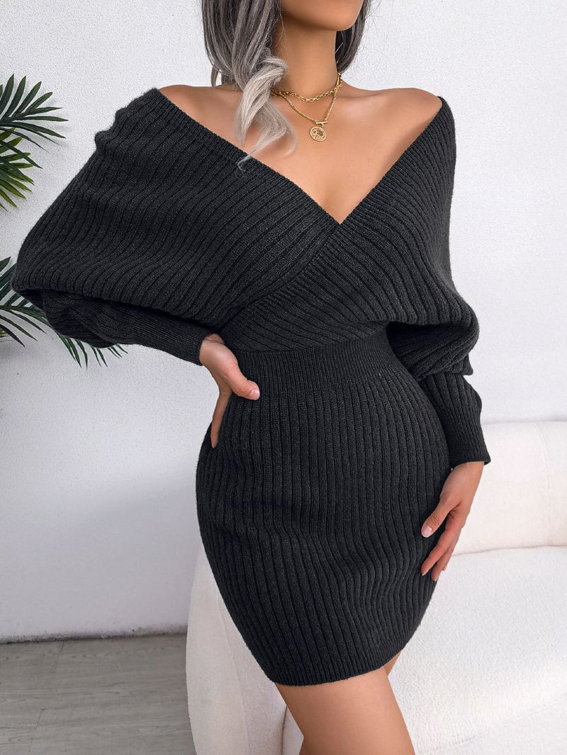 Vêtements pour femmes automne et hiver sexy croix col en V chauve-souris jupe sac hanche robe pull robe station indépendante vêtements pour femmes_voghion.com