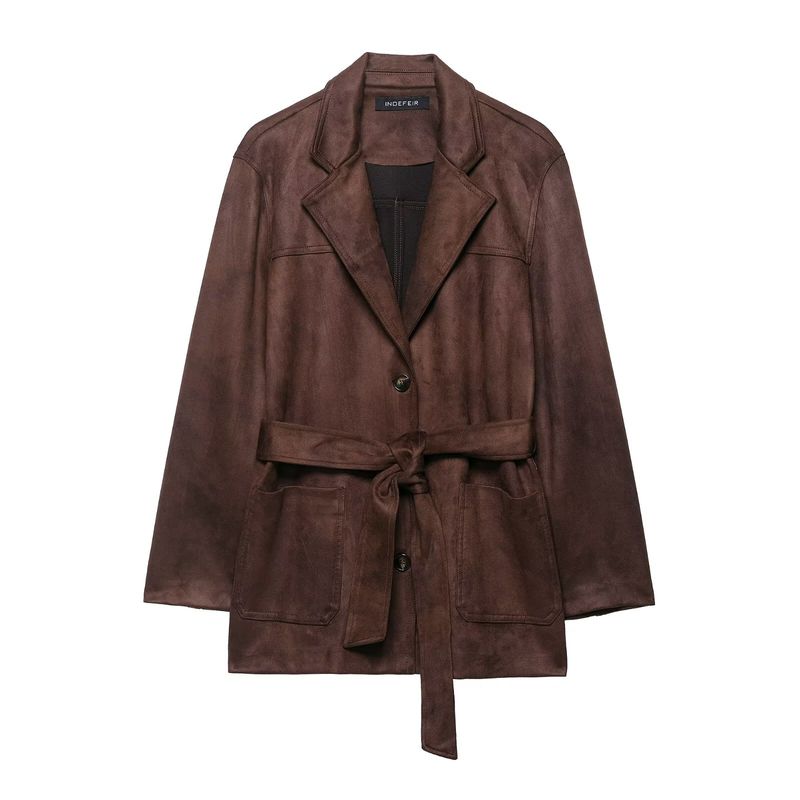 ​​Elegante Jacke aus Wildlederimitat mit Gürtel für Damen – Zeitloser Blazermantel mit Revers, Knopfverschluss und entspannter Passform (Kastanienbraun, XS/S/M/L)​​_voghion.com