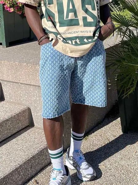 Herren Y2K Bermuda Shorts für Männer Sommer neue trendige lockere Passform gerades Bein knielange Hose blau Jacquard Baumwolle_voghion.com