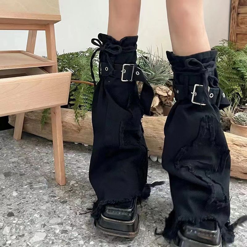 Sorte denim benbeskyttere til kvinder, slankende strømper med snøre og krydsdesign, y2k-design, til slankesko og svajer_voghion.com