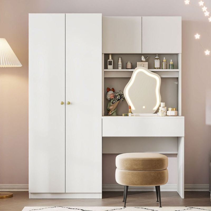 2-Door Wooden Storage Vanity Wardrobe For Bedroom With Makeup Mirror And Drawers, White_voghion.com
