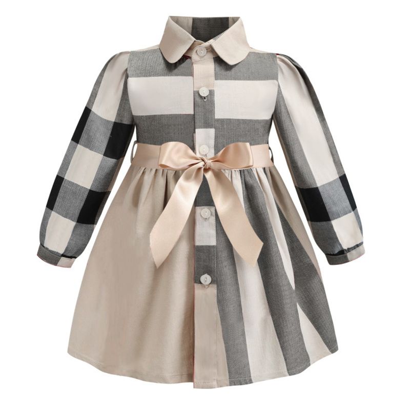 Kids’ Clothing Spring And Summer New Lapel Plaid Contrast Color British Style Pure Cotton Girl Dress_voghion.com
