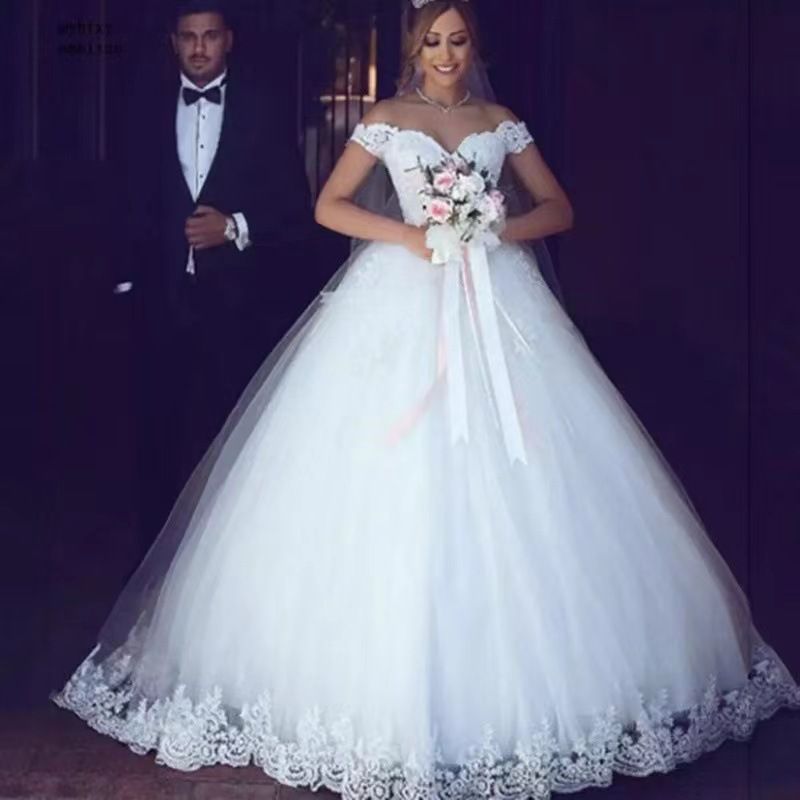 Women's European white wedding dress lace applique prom one-shoulder bridal dress mid-waist strappy wedding dress Bridal Wear_voghion.com