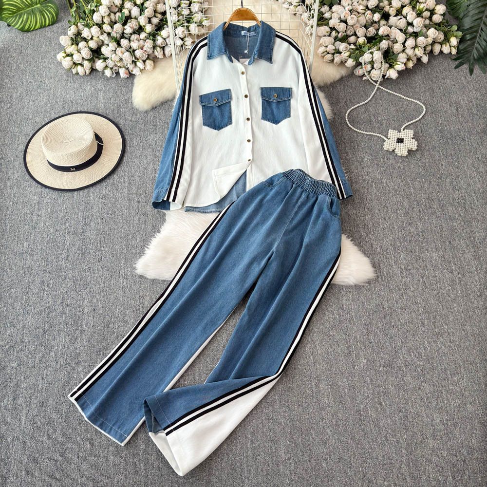 Damenbekleidung, Freizeitkleidung, schmaler zweiteiliger Anzug für Damen, modisches Revers, langärmeliges Patchwork-Oberteil, Hose mit weitem Bein, Jeansanzug_voghion.com