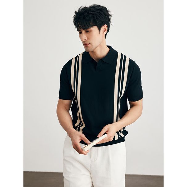 Men's Clothing Polo Shirt V Neck Short Sleeved Knitted Sweater Men's Striped Color Matching Slim Fit Business Ice Silk Breathable Trendy_voghion.com