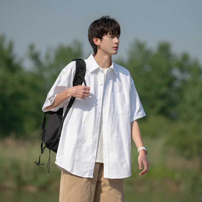 NICEVOW Világoskék Lezser Rövid Ujjú Férfi Nyári Laza Felső Ifjúsági Ing Kabát_voghion.com