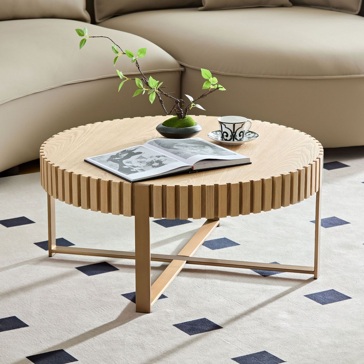 Modern Handcraft Drum Coffee Table 31.5 Inch Round Coffee Table For Living Room,Small Coffee Table With Sturdy Pedestal_voghion.com