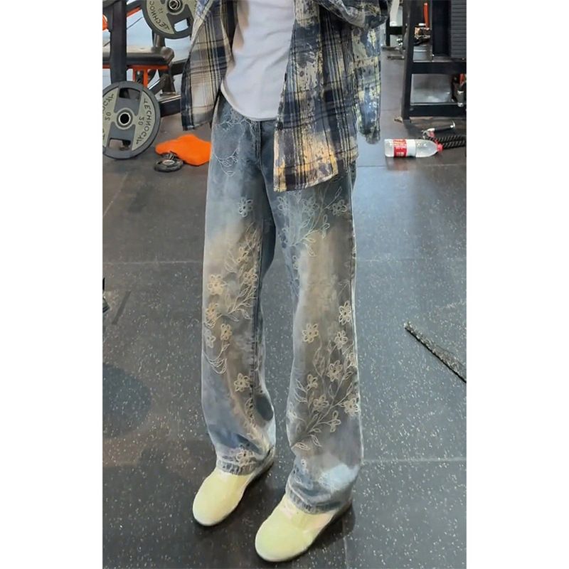 Vintage-Jacquard-Jeans für Herren – Lässiger, gerader Schnitt mit floraler Retro-Stickerei für lässige Streetwear_voghion.com